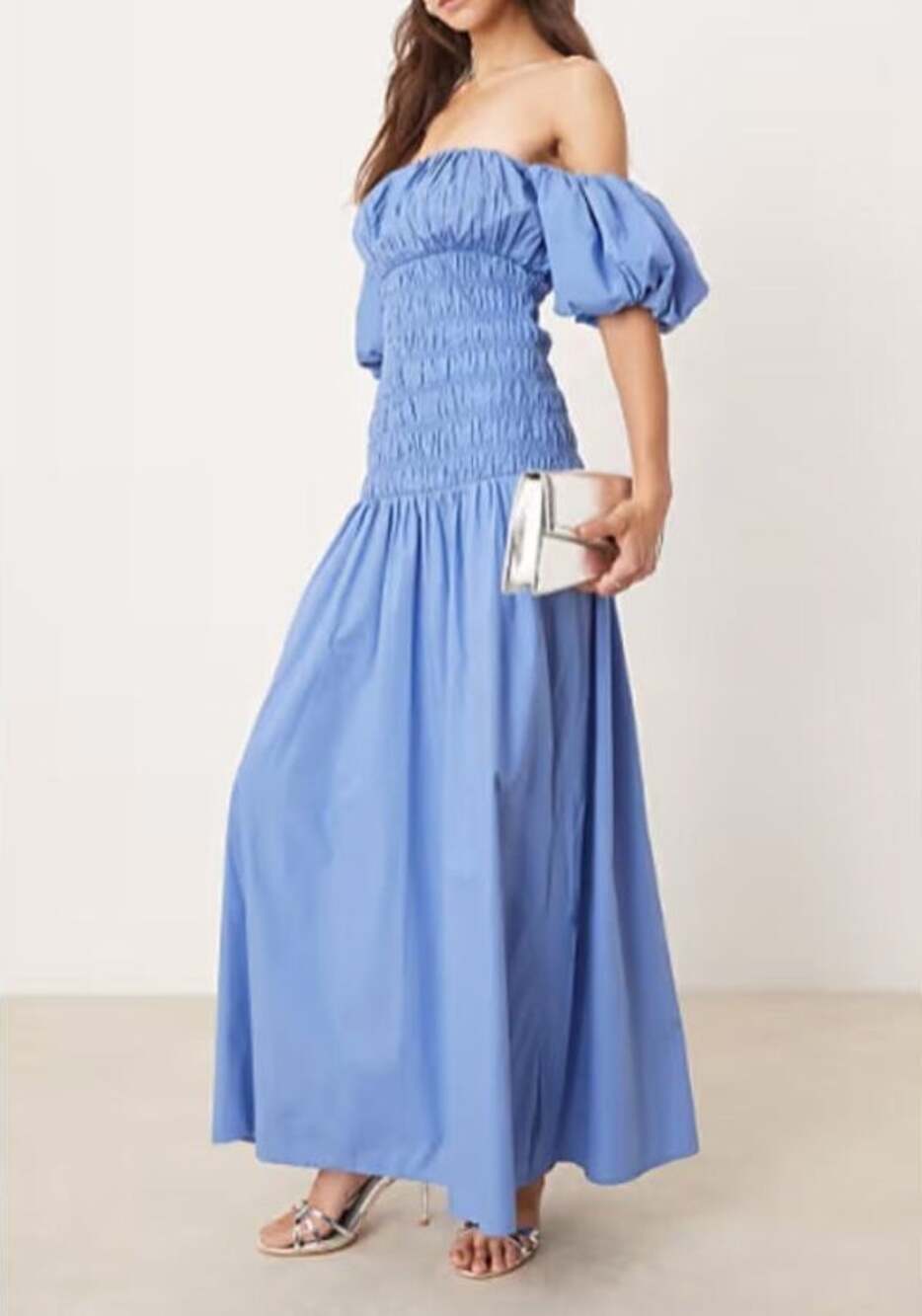 Abercrombie & Fitch Smocked Off Shoulder Maxi Dress Blue M Puff Sleeve Milkmaid